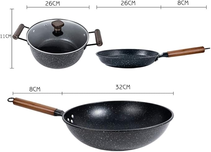 3-Piece Cookware Non-Stick Cookware Wok Frying Pan Soup Pot with Comfortable Handle Suitable for Gas Induction Cooker. Easy to Clean