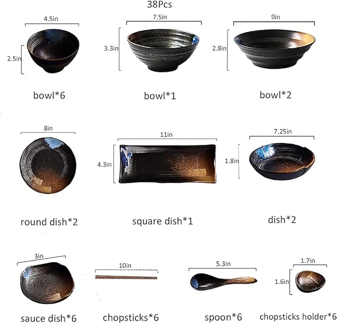 Kitchen Tableware SetCeramics Dinnerware Sets Dinner Plates and Bowls Sets 38 Pcs Vintage Frosted Dishes Set-Japanese Retro Steak Plates for Family Party
