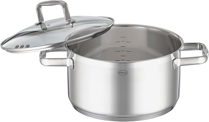 RÖSLE CHARM 4-Piece Saucepan Set High-Quality Universal Pot Set with 3 Saucepans and 1 Saucepan 18/10 Stainless Steel Glass Lid Inner Scale Suitable for Induction Dishwasher Safe