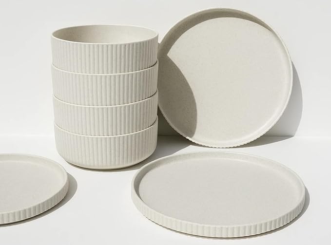 Mesa Wheat PolyPro 12 Piece Dinnerware Set-4 Dinner Plates 4 Salad Plates 4 Bowls Ribbed Pattern Matte White