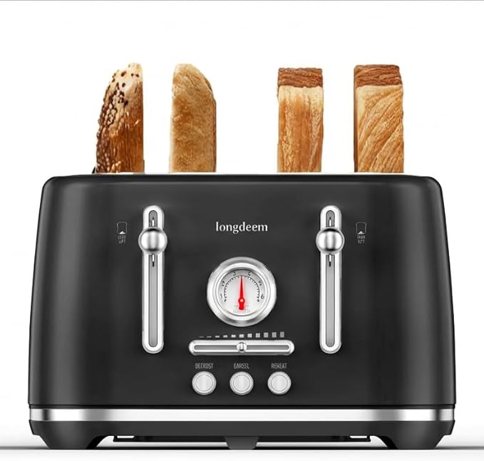 LONGDEEM Retro 4 Slice Countertop Toaster 1.5” Extra Wide Slots for Artisan Bread/Bagels 6 Browning Settings Defrost/Cancel High Lift Lever Crumb Tray Stainless Steel Home/Office/Dorm/RV Black