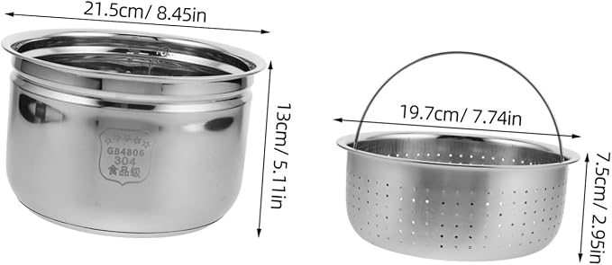 1set Stainless Steel Inner Pot for Electric Cookers Food Steamer Insert with Rice Draining Basket Multipurpose Cooker Replacement for Rice Soup and Steaming Easy to Clean