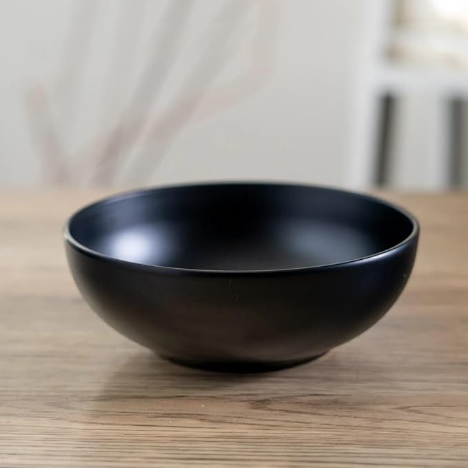 Ebros Gift Contemporary Ridged Matte Black Melamine Series Dinnerware Serveware Kitchenware Set Japanese Chinese Restaurant Supply (Pack Of 6 Round Soup Appetizer Rice Shallow Bowls 16oz)