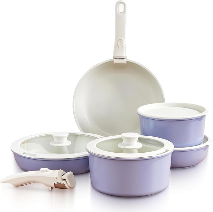 Multi-Piece Detachable Cookware Set Non-Stick Pots and Pans Set with Removable Handles Cooking Set Oven Safe Stackable Universal for All Stoves5PcPurple