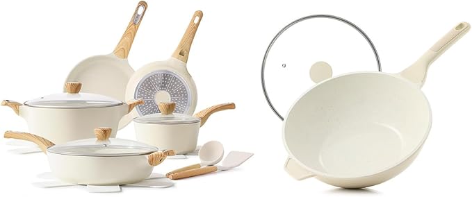 SENSARTE 15 Piece Ceramic Nonstick Cookware Set includes 4.5 Quart Ceramic Nonstick Wok Pan with Lid