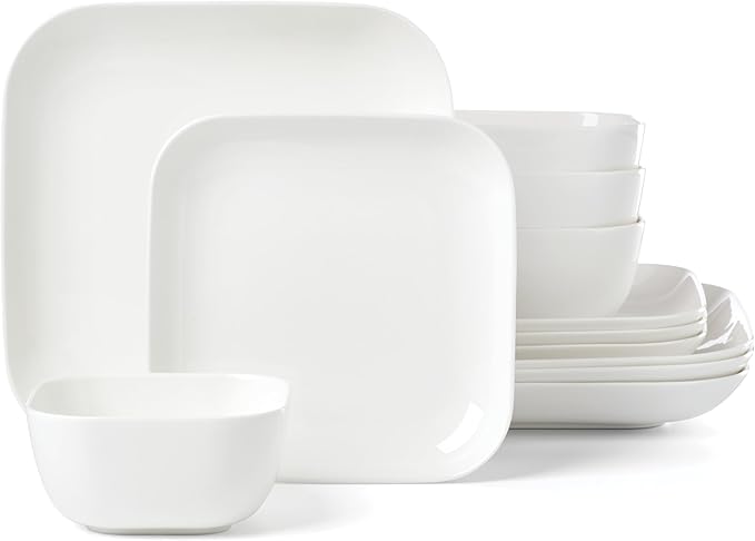 Lenox Dinnerware Set Studio 1414 Square 12-Piece Set Service For 4 Bone China Material Dishwasher &amp Microwave Safe Home And Kitchen Kitchen And Dining Plates And Bowls Sets (White 12 Piece