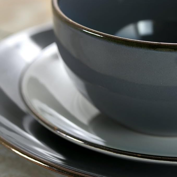 16 Pieces Dinnerware Set in Stone Slate Round Tableware Household Bowl and Dish Combination