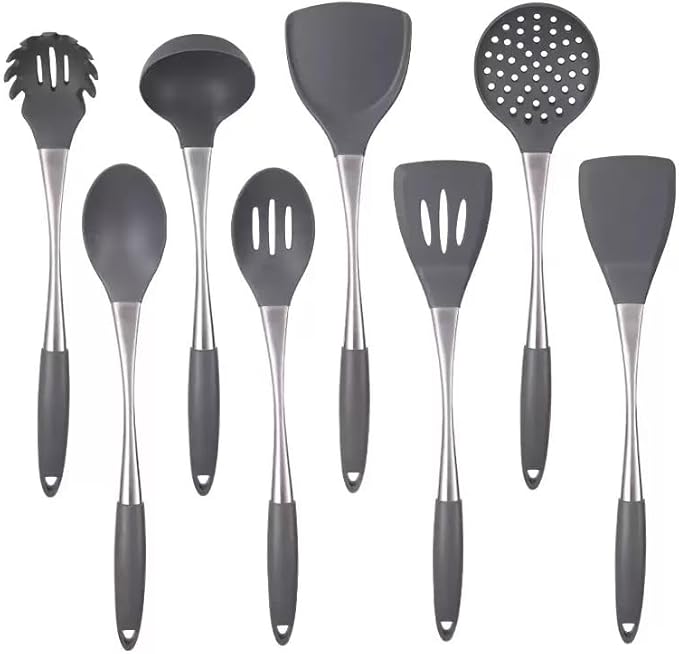 8-Piece White Kitchen Utensil Set with Gold Handles Stainless Steel Cooking Tools Includes Spatulas Ladle Spoons for Nonstick Cookware (silvery and Grey)
