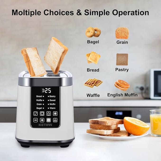 Smart Touch Screen Toaster 2 Slice KETIAN Automatic Digital Stainless Steel Toaster7 Bread TypesSingle Slot Tech7 Browning SettingsRemovable Crumb Tray1400W (White)