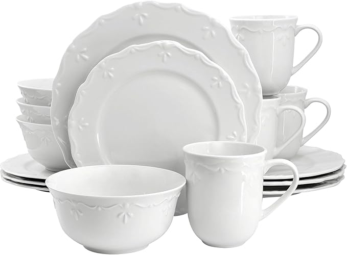 Henryi 16 Piece Porcelain Dinnerware Set – White Dinner Plates Bowls and Mugs with Embossed Rim – Microwave &amp Dishwasher Safe