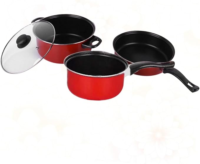 Homoyoyo 3pcs Non-stick Frying Pan and Soup Pot Set Red Multifunctional Cooking Tool Kitchen Utensil for Home Daily Use Space-saving Cookware Accessories