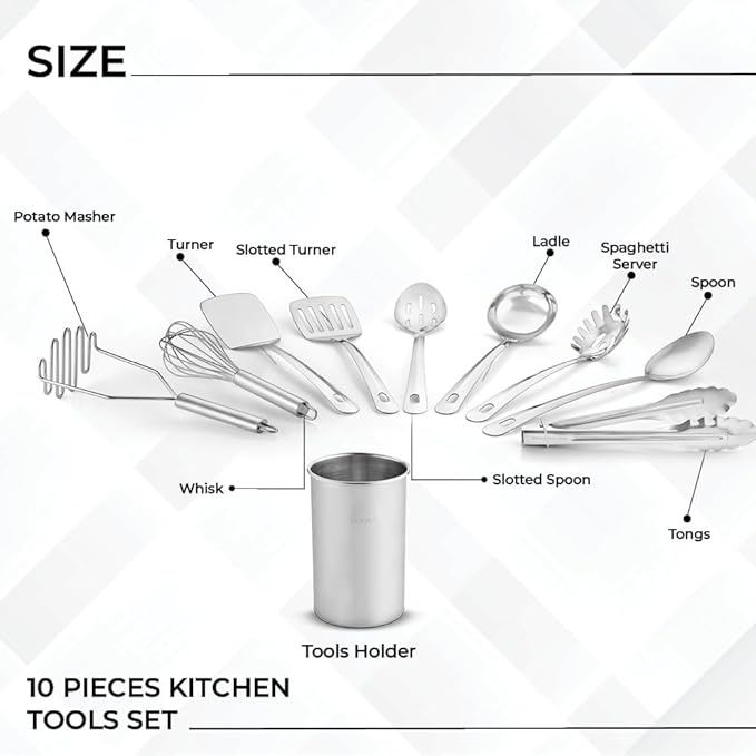 Avador® Premium Set of 10 Stainless Steel Kitchen Tool Set with Holder Easy To Clean Space Saving Great for Cooking Baking Prepping