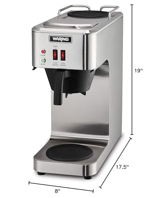 Waring WCM50 Café Deco Pour Over Decanter Coffee Brewer Stainless Steel Construction Two Individually Operated Warmers No Plumbing Required 120V 5-15 Phase PlugSilver