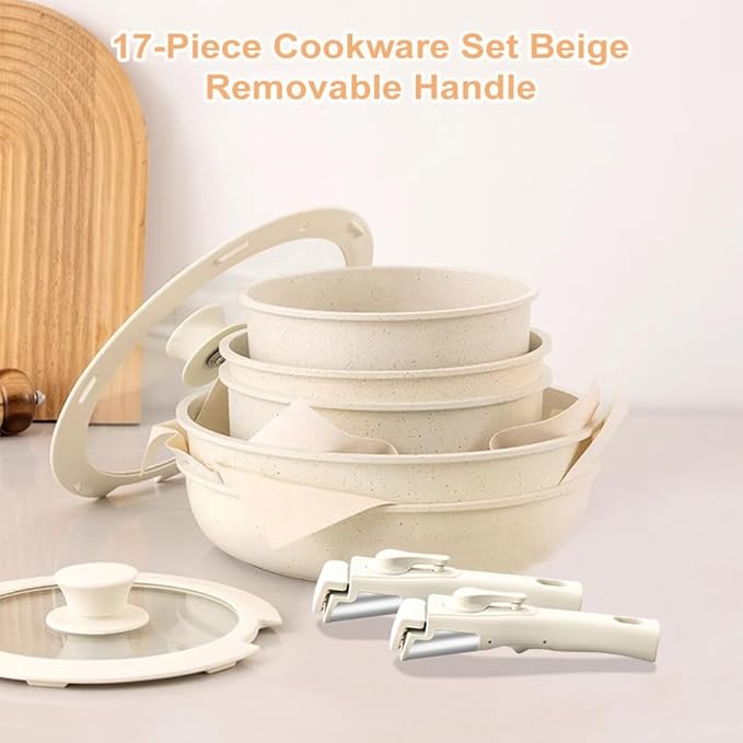 17pcs Pots and Pans Set - Non Stick Cookware Set Detachable Handle Stackable Cookware Set Ceramic Pots and Pans Kit with Cooking Utensils Oven Dishwasher Safe