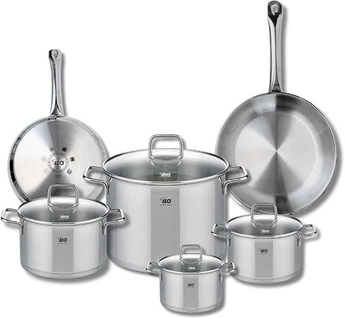 ELO 9504450 6-Piece Cookware Set 2 Frying Pans 24 and 28 cm and 4 Saucepans 14 16 20 and 26 cm Elo Profi Citrine Stainless Steel Induction