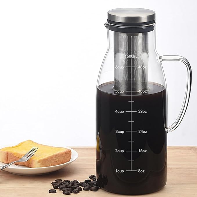 CANDeal Cold Brew Iced Coffee Maker Glass Iced Tea &amp Coffee Cold Brew Maker and Pitcher with Silicone Cap &amp Removable Stainless Steel FilterTea Infuser with Spout (50oz)