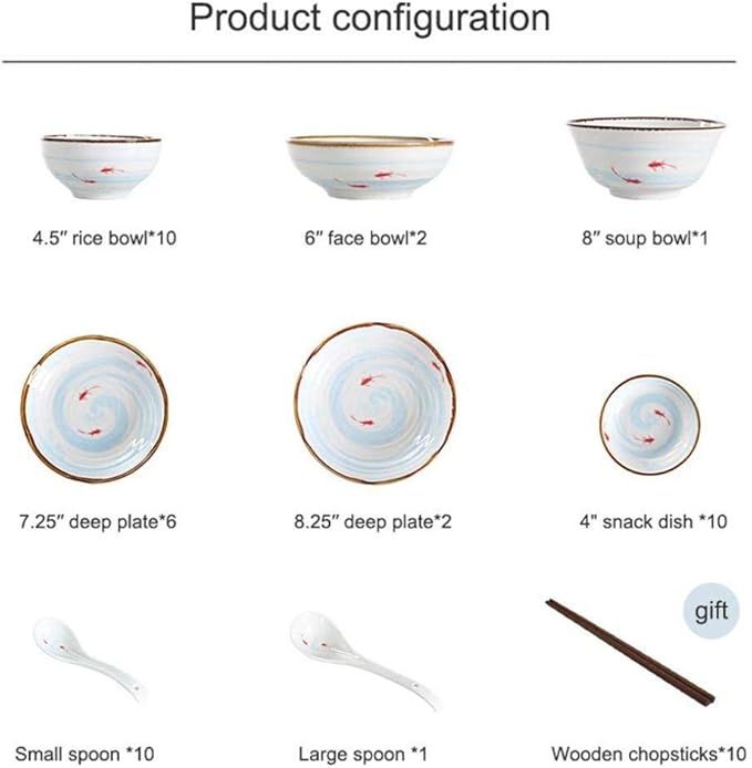 52 Pieces Ceramics Dinner Sets Fish Pattern Plates Bowls Combination for Family Party and Kitchen Restaurant