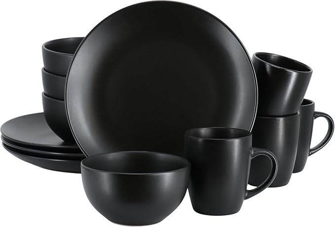 12 Piece Stoneware Dinnerware Set – Round Plates Bowls &amp Mugs for 4 Dishwasher &amp Microwave Safe Modern Matte Finish (Black)