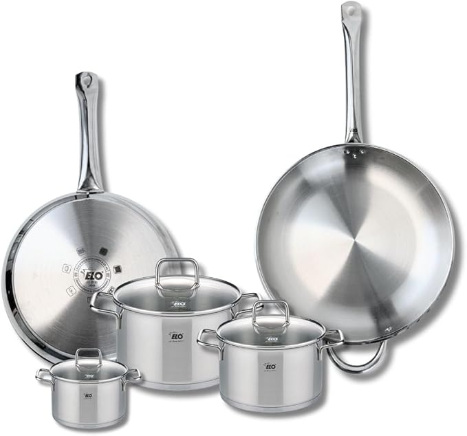ELO 9509550 Cookware Set 5 Pieces 2 Frying Pans 28 and 32 cm and 3 Saucepans 12 16 and 20 cm Elo Profi Citrine Stainless Steel Induction
