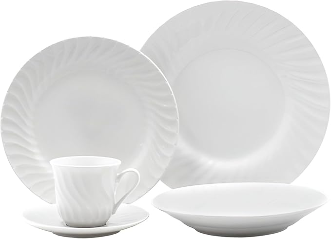 Lynns Paradise Imperial White 20pc Dinnerware Set Embossed Swirl Detail Elegant Versatility Timeless White Finish Includes Dinner Plates Bowls Cups and Saucers Full Tabletop Set