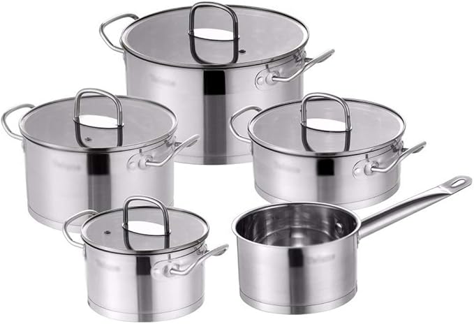 Kitchen Cookware Set 9 Piece Stainless Steel Cooking Pot &amp Pan Sets Induction Safe Saucepan Casserolewith Glass lid