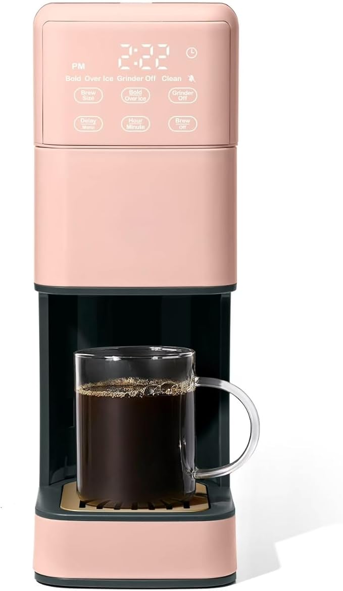 Perfect Grind Single Serve Coffee Maker built-in grinder 6 sizes 3 strengths pod-free reusable filter 64oz reservoir touch display hot &amp iced brew. (Rose)
