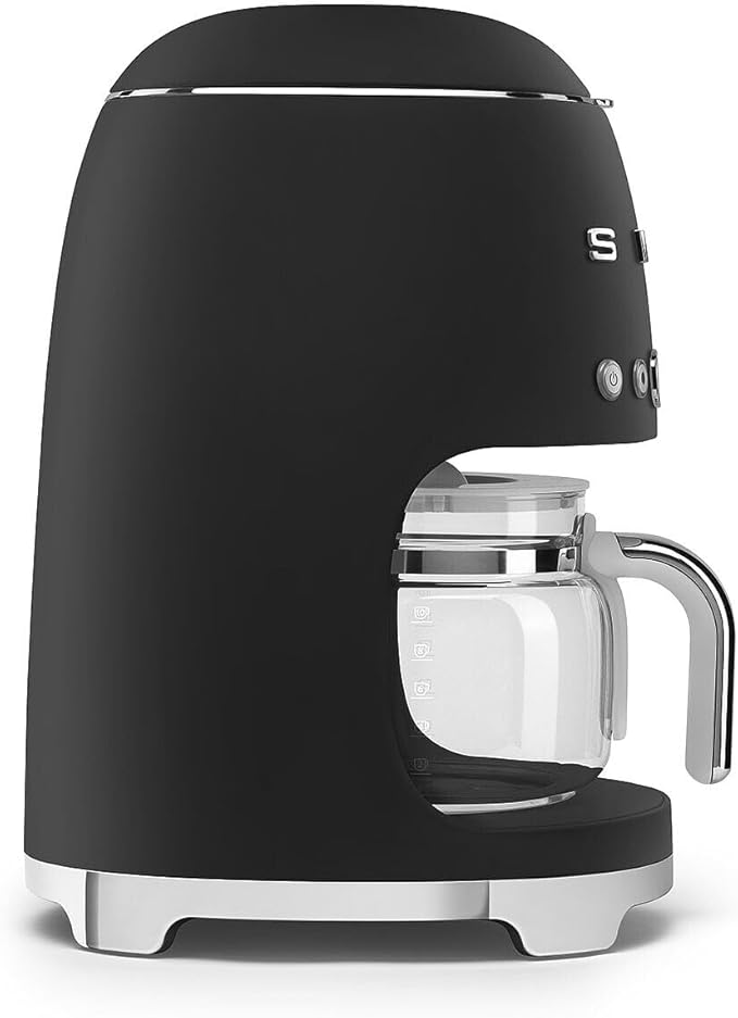 Smeg 50's Retro Style Aesthetic Drip Coffee Machine with 10 Cup Glass Carafe Auto Start Feature Keep Warm Plate and Two Coffee Strength Settings (Matte Black)
