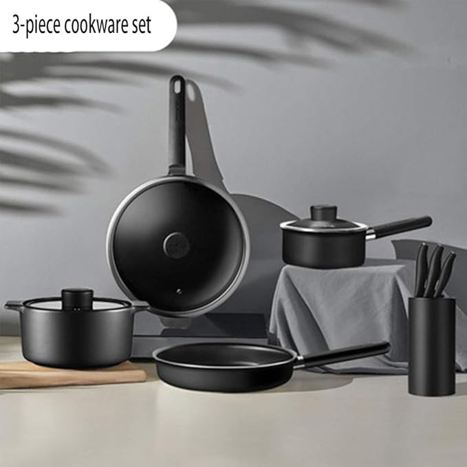 Cookware-Set 3-PieceCooking Pot Set with Glass-Lids All Types of Cookers Induction Gas Ceramic Electric (1 Cooking Pots 1 Frying Pan 1 Saucepan Without Lid) Saute Pans