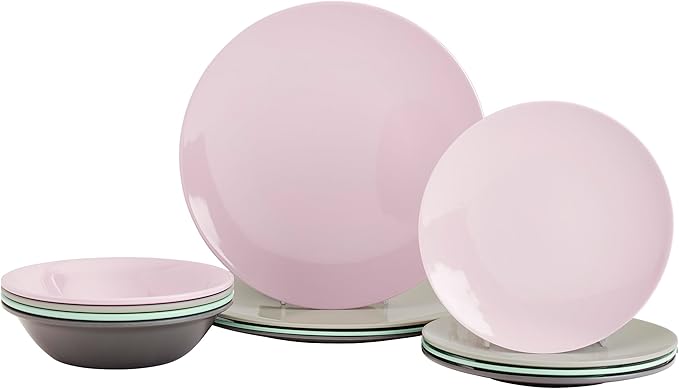 Tabletops Gallery 12 Piece Green Gray Pink Melamine Dinnerware Set Plates Bowls for Indoor Outdoor Use Service for 4 Pastel