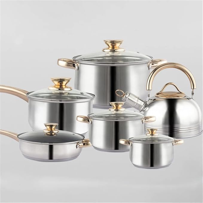 12-Piece Stainless Steel Thickened Pot Kitchen Electromagnetic Gas Stove Frying Pan Milk Pot Set Cookware
