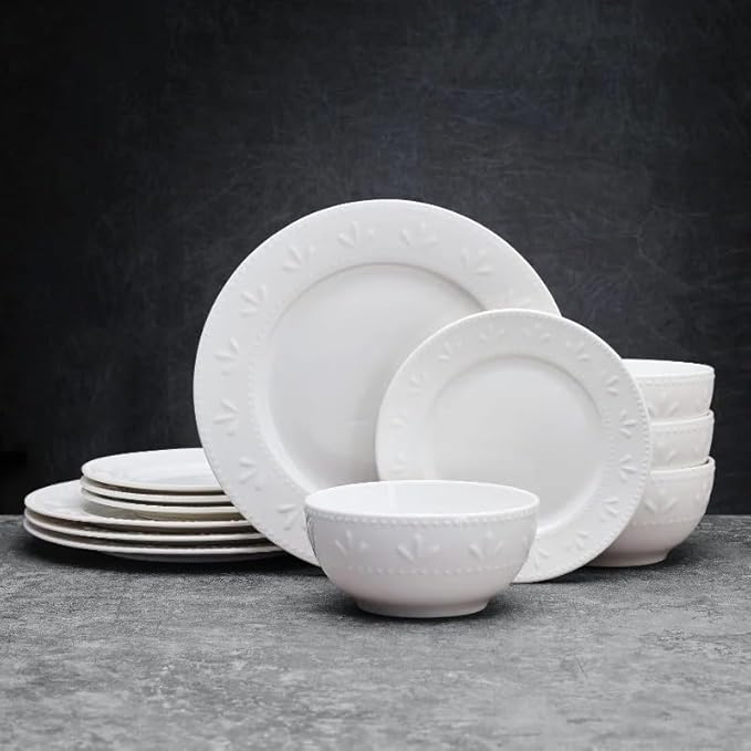 12-Piece Dinnerware Set Embossed Porcelain Plate Dessert Bowl Mug Dinner Plates