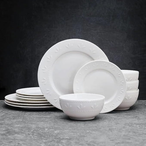 12-Piece Dinnerware Set Embossed Porcelain Plate Dessert Bowl Mug Dinner Plates