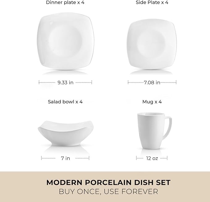 Zulay Kitchen Luna Plates and Bowls Sets 16 Piece Modern Porcelain Dish Set for 4 Chip and Scratch Resistant Square Dinnerware Set Microwave and Dishwasher Safe Pearl White