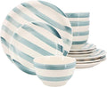Kenwood Shores 12 Piece Stoneware Dinnerware Set Rustic Handpainted Stripe Plates and Bowls Service for 4 Microwave and Dishwasher Safe (Blue Stripe)