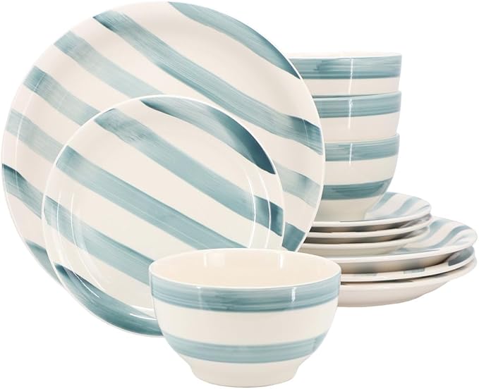 Kenwood Shores 12 Piece Stoneware Dinnerware Set Rustic Handpainted Stripe Plates and Bowls Service for 4 Microwave and Dishwasher Safe (Blue Stripe)
