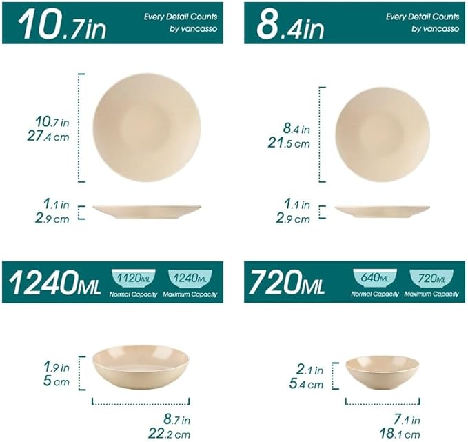 16 Piece Stoneware Tableware Set with Dinner/Dessert/Soup Plate Bowl Service for 4 Person