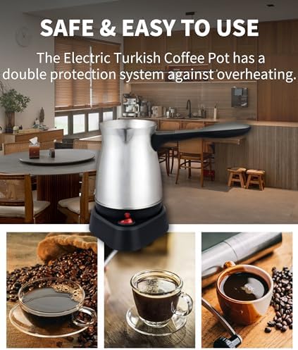 Diyeeni Electric Turkish Coffee Maker 600ml Stainless Steel Turkish Coffee Pot Tea Maker Kettle Coffee Machine 5 to 6 Cup Capacity with Ergonomic Handle for Home Office &amp Travel