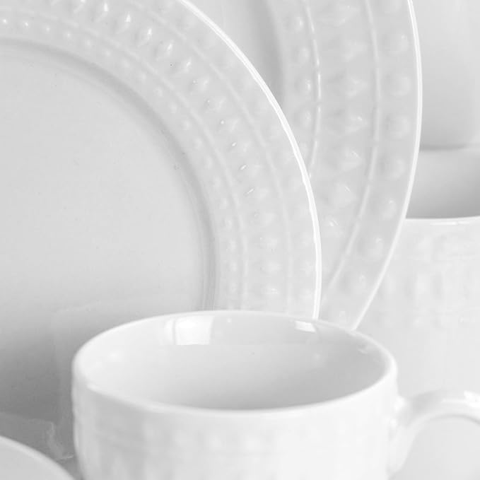 16-Piece Porcelain and Stoneware Dinnerware Set – White or Blue Round Plates and Bowls with Embossed Pattern Microwave &amp Dishwasher Safe Tableware for 4 (White)
