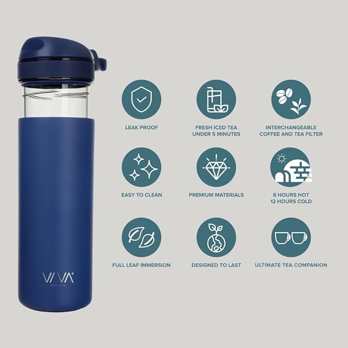VIVA Recharge Blue Insulated Tea &amp Coffee Mug &amp Travel French Press Coffee Maker 16 oz Brew &amp Drink From the Same Coffee Mug On the Go or Camping