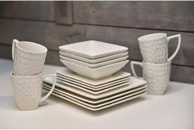 Marble Rectangular 16 Pc Dinner Set White Textured Casual Modern Contemporary Piece Dishwasher Safe Microwave