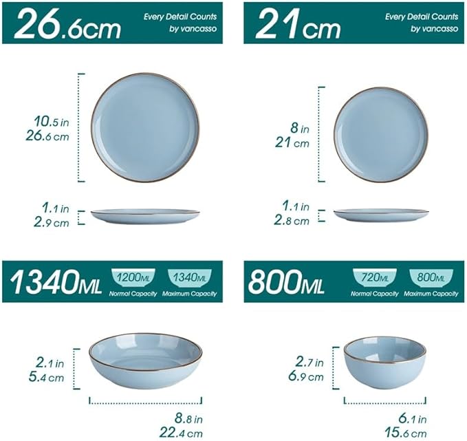 16 Piece Ceramic Tableware Set with Dinner Dessert Soup Plate Bowl for 4 Person Round Dinnerware