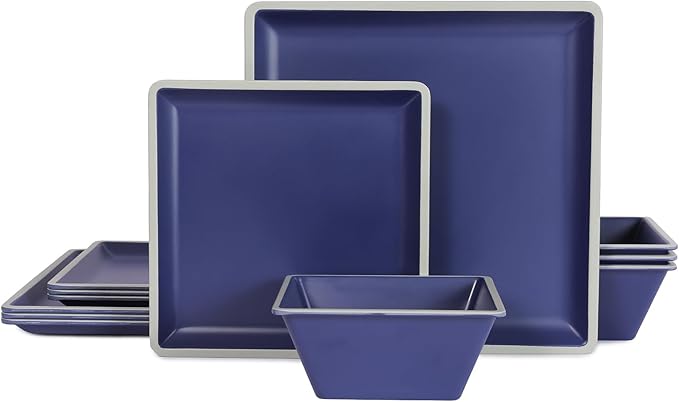 Square Melamine Dinnerware Sets Durable Square Dinner Plates and Bowls Set12-Piece Set Non-breakable Lightweight Dinner Tableware Sets Service for 4