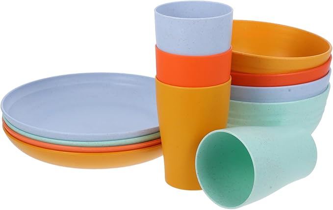 Generic Wheat Straw Dinnerware Set 12pcs Microwave Safe Plates and Bowls for Reusable Unbreakable Kitchen Bowls and Plate Set for Outdoor Camping