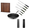 HexClad Hybrid Nonstick 10-Piece Cookware Set 12 Pan Salt and Pepper Grinder Set Magnetic Knife Block and 6-Piece Essential Knife Set Stay-Cool Handles Dishwasher and Oven-Safe Induction Ready