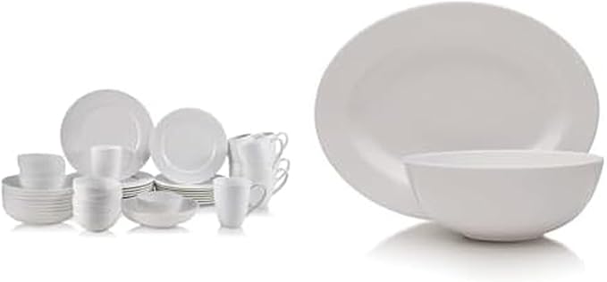 Mikasa Annabele Chip Resistant 40-Piece Dinnerware Set Service For 8White &amp Delray 14-Inch Oval Platter and 9-Inch Vegetable Bowl Set White -