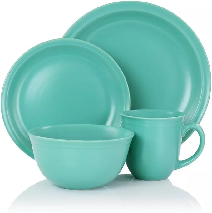 16 Piece Green Stoneware Dinnerware Set – Modern Dinner Plates Bowls and Mugs Durable Dishwasher &amp Microwave Safe Tableware for 4
