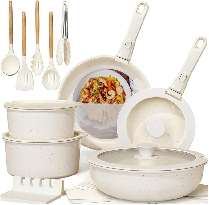 21 Pcs Pots and Pans Set Non Stick Ceramic Cookware Set Detachable Handle Kitchen Cooking Set Removable Handles Oven SafeA21 Pc