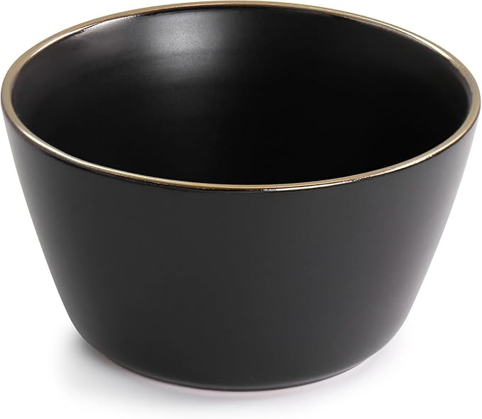 16 Piece Stoneware Dinnerware Set with Gold Rim – Matte Black White &amp Slate Plates Bowls and Mugs – Microwave &amp Dishwasher Safe Tableware Set for 4 (Matte Black)