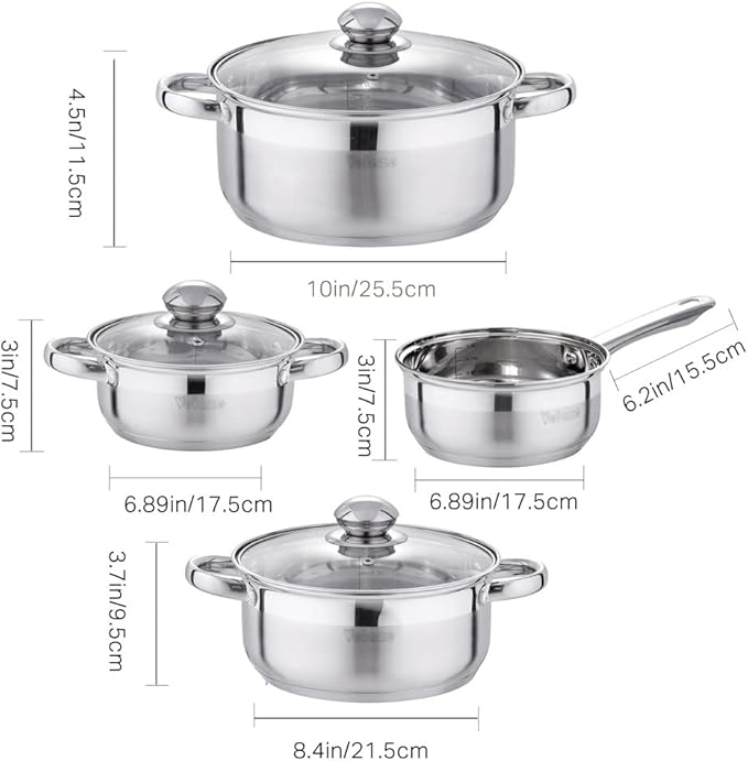 Cooking Pot Frying PanStainless Steel Kitchen Cookware Set 7 Piece Pan Set Pan Frying Pan Casserole with Glass Lid