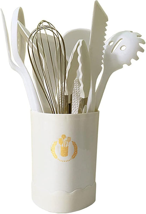 13 Piece White Wooden Handle Utensils Set Silicone Non-Stick Cookware Available Non-Scalding Handle Kitchen Set Home Cooking Baking Complete Set with Storage Bucket